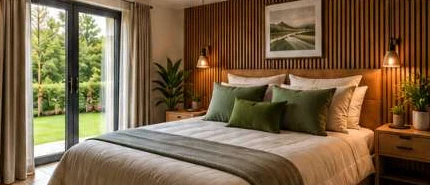Design illustration: Bedroom with warm timber wall detailing