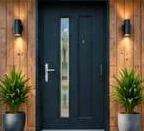 Design illustration: Dark entrance door with timber cladding
