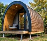 Design illustration: Curved timber pod on raised foundations