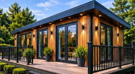 Design illustration: Contemporary timber lodge with dark framed glazing and decking