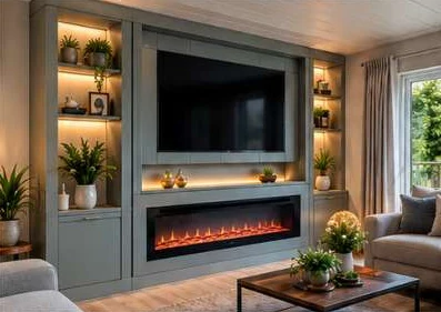 Design illustration: Media wall with television, shelving and electric fire