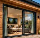 Design illustration: Wide sliding patio doors in a timber lodge