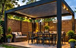 Design illustration: Covered outdoor seating beneath a pergola