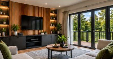 Design illustration: Lodge interior with timber slat media wall and glazed doors